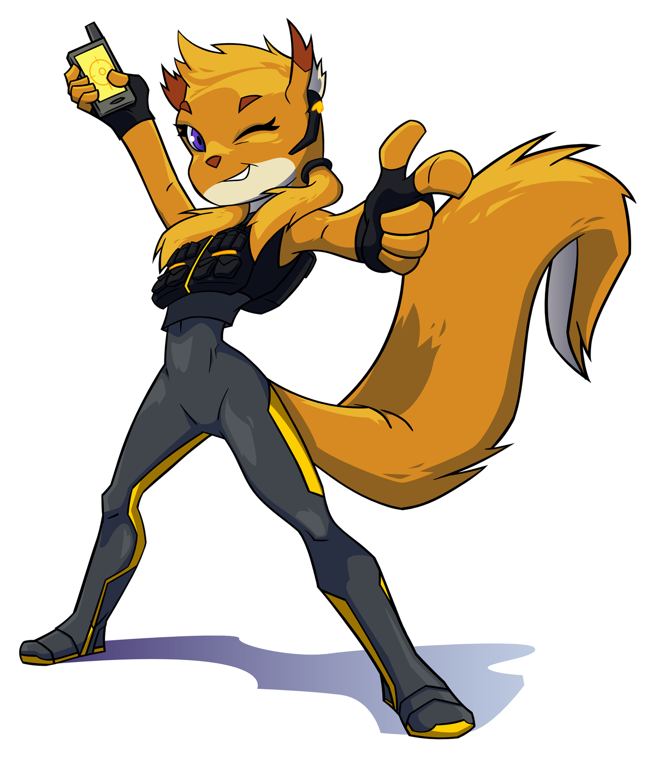 Max Flipp, a small orange squirrel demolitions expert in a black suit with yellow accents