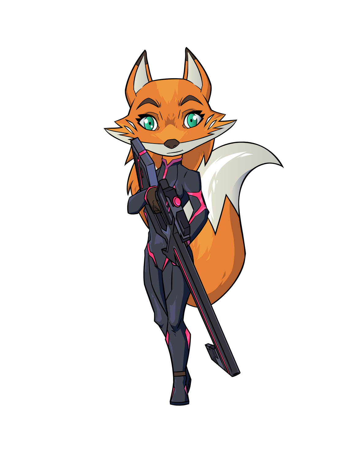 Nyxi Lisichkina, an orange fox sniper in a black suit with magenta accents